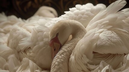 A close-up shot of a white swan resting with its feathers fluffed up, basking in warm light