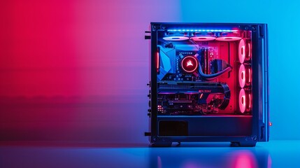 Open midi tower computer case with red and blue lighting effects on white background