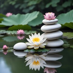 Stacked white zen stones with lotus flowers in water  reflecting on the surface background