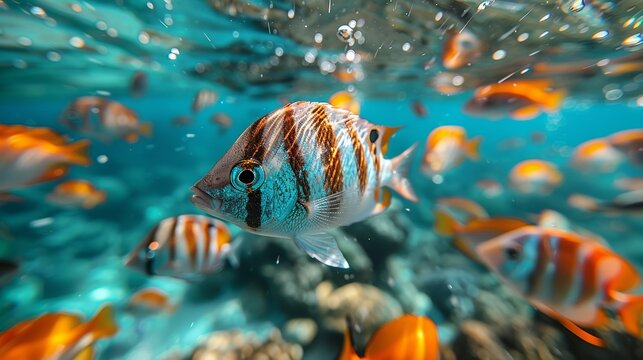 A kaleidoscope of colors as tropical fish of all shapes and sizes glide gracefully through the crystal-clear water. Illustration, Minimalism,