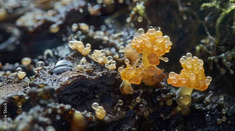 Wall mural two colonies of slime mold likely diachea sp meet on organic material