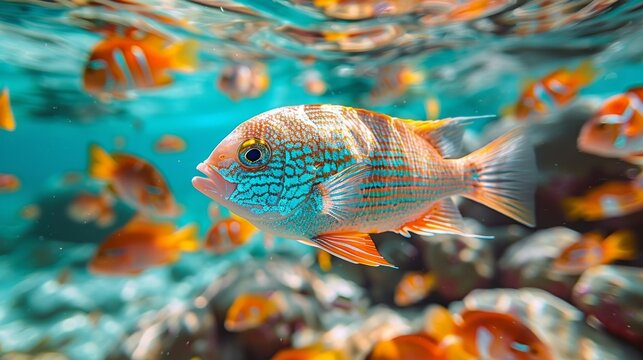 A kaleidoscope of colors as tropical fish of all shapes and sizes glide gracefully through the crystal-clear water. Illustration, Minimalism,