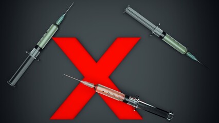 Isolated of a red x symbol with medical syringe, 3d rendering