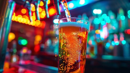 Beer pouring into glass at colorful night club