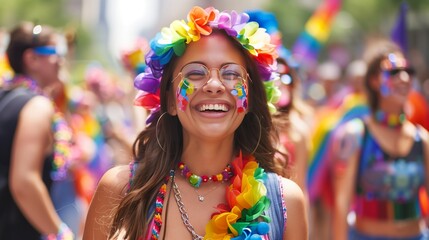 Fototapeta premium A woman, advocating for LGBTQ rights, leads a vibrant parade with a beaming smile, inspiring onlookers.