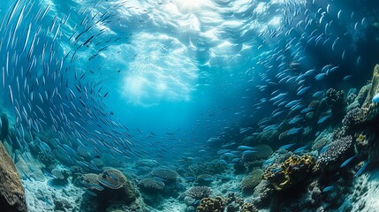 Swirling shoals of fish move in perfect unison, creating mesmerizing patterns against the backdrop of the coral reef. Illustration, Minimalism,