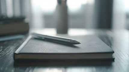 A pen and notebook on the table, closeup of desk background blurred. The focus is on an open black book with silver accents lying flat in front of it.