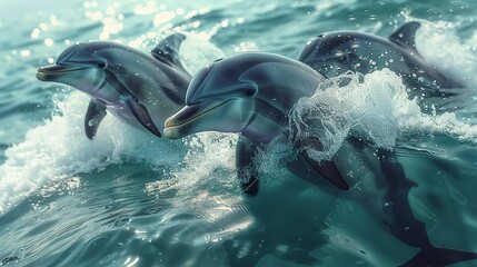 Obraz premium A family of playful dolphins frolic in the shallows, their clicks and whistles echoing through the water. Illustration, Minimalism,