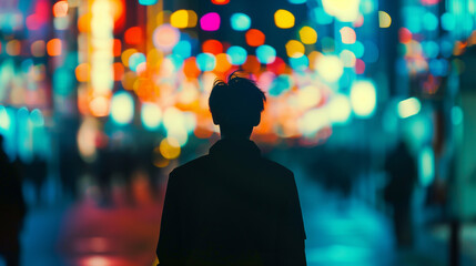 Silhouette of a person walking in a city at night with colorful bokeh lights