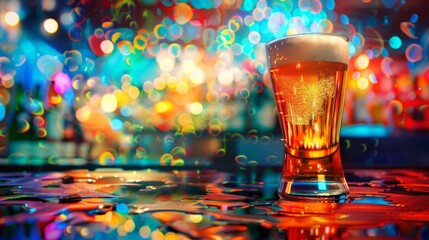 Beer pouring into glass at colorful night club
