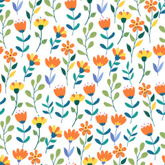Floral seamless pattern with fantasy flowers and leaves on white. Great for fabrics, especially for linens, wrapping papers, wallpapers, covers. Vector hand drawn illustration in flat style	