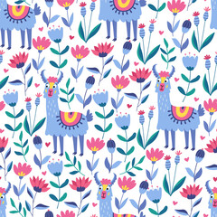 Seamless pattern with funny colorful lamas and flowers on white. Great for fabrics, wrapping papers, wallpapers, covers. Vector illustration in flat style