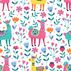 Seamless pattern with funny colorful lamas and flowers on white. Great for fabrics, wrapping papers, wallpapers, covers. Vector illustration in flat style © Anna Druzhkova