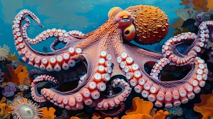 Naklejka premium A solitary octopus changes color and texture as it moves across the reef, blending seamlessly with its surroundings. Illustration, Minimalism,