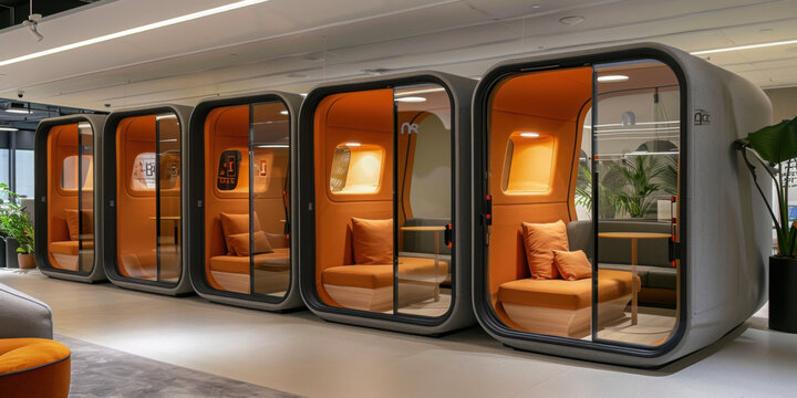 Row of futuristic office pods with glass doors and comfortable seating, designed for privacy in a modern workplace. - Powered by Adobe