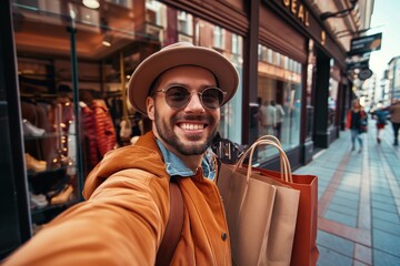 A man wearing in modern fashion, smiles for a selfie with shopping bags , standing in front of a stylish storefront