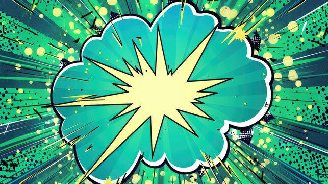 Bright green and blue comic book speech bubbles with bold outlines and comic-style text