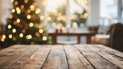 Elegant empty wooden tabletop with abstract warm living room decorated with Christmas tree lighting, blurred snowy background, holiday ambiance, ideal simulated banner for advertising products