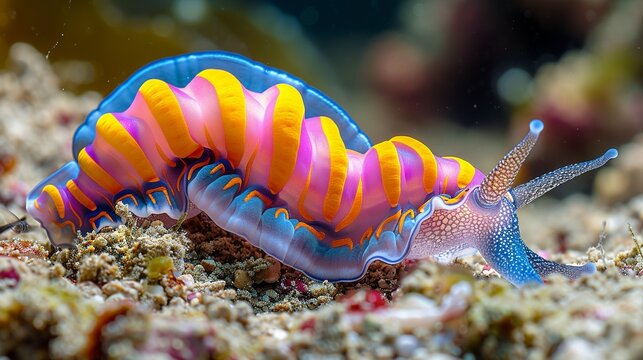 A colorful nudibranch crawls across the ocean floor, its vibrant hues a warning to predators of its toxicity. Illustration, Minimalism,