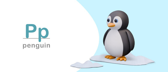 Vector template for learning letters and words. Funny 3D penguin on ice floe
