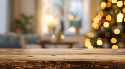 Elegant empty wooden tabletop with abstract warm living room decorated with Christmas tree lighting, blurred snowy background, holiday ambiance, ideal simulated banner for advertising products