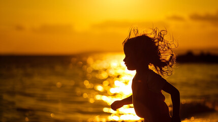 Fototapeta premium Silhouette of a child running on the beach at sunset