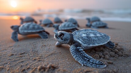 A family of sea turtles hatch from their sandy nest, making their first treacherous journey to the safety of the ocean. Illustration, Minimalism,