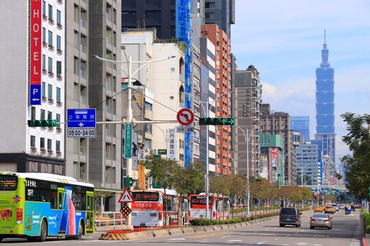 TAIPEI, TAIWAN - DECEMBER 4, 2018: Xinyi Road in Taipei, Taiwan. Taipei is the capital city of Taiwan with population of 8.5 million in its urban area.