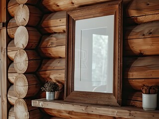 "Close View of a Large Empty Rustic Wooden Landscape Frame in High-Resolution"