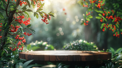 Burgundy podium in the foreground, close-up of the podium, exotic dark green plants, cherry tree floating in the air, slightly blurred background , 