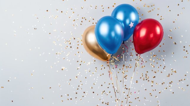 A festive arrangement of gold, blue, and red balloons with confetti on a gray background.