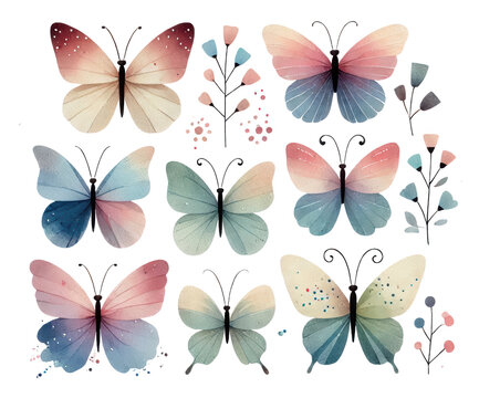 Sets Of Minimalist Watercolor Butterflies Clipart