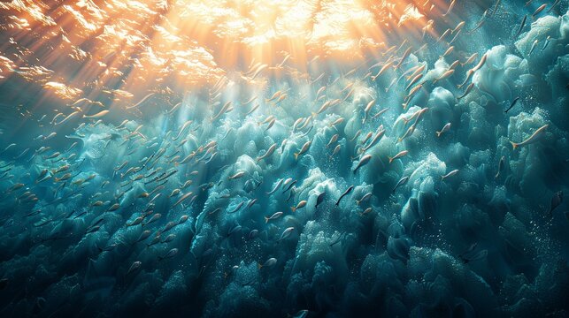 A shimmering wall of silversides pulsates with life, creating a living curtain of movement. Illustration, Minimalism,