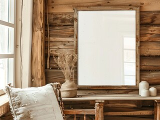 "Close View of a Large Empty Rustic Wooden Landscape Frame in High-Resolution"