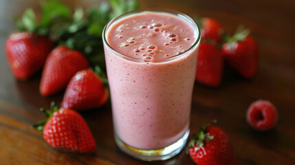 Delicious strawberry smoothie in a glass, surrounded by fresh strawberries on a wooden table.