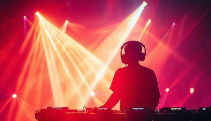 silhouette of a person performing in a dj booth in front of a light and laser show in the concert area
