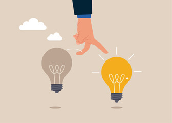 Human hand jump from old to new shiny lightbulb idea. Business transformation, change management or transition to better innovative company. Flat vector illustration