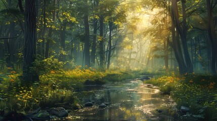 Fototapeta premium A tranquil forest with tall trees, sunlight filtering through the leaves, and a small stream, peaceful atmosphere, illustration background