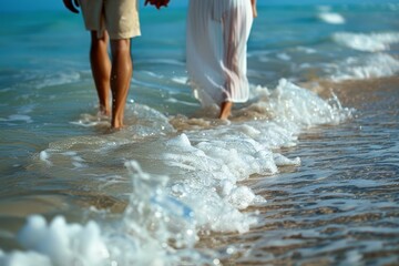 A couple holding hands while walking along the shore, waves lapping at their feet