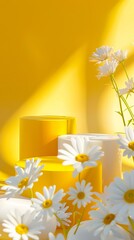 Daisies and white vases on a yellow background.