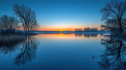 Fototapeta premium Scenic view of a lake at sunset with clear reflections on the water and trees in the background