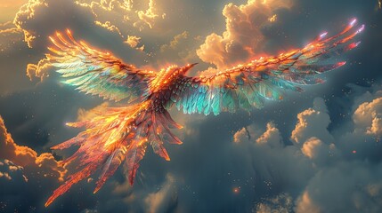 A fantastical creature with iridescent wings soaring gracefully through the ever-shifting clouds, embodying freedom and wonder. Illustration, Minimalism,