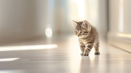 Tiny kitten walking towards camera in bright sunlit room