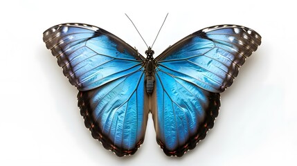 Blue morpho butterfly isolated on white background, studio shot.