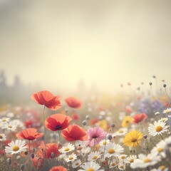 Fototapeta premium A field of colorful flowers including red poppies, white daisies, and yellow flowers against a blurred, hazy background
