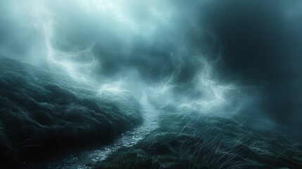 Fototapeta premium Wisps of ethereal mist swirling around a hidden pathway, leading deeper into the heart of the surreal landscape. Illustration, Minimalism,