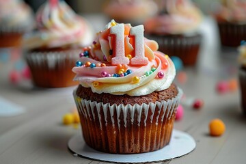 Cupcake with a number 21 made of sugar, empty table