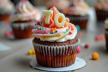 Cupcake with a number 70 made of sugar, empty table