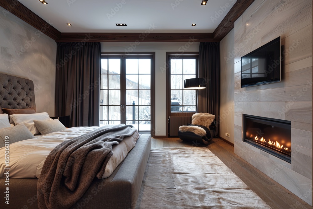 Poster Sophisticated Bedroom with Fireplace in Soft Daylight: Highlighting an upscale interior design with a cozy fireplace