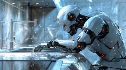 Fototapeta premium A high-tech robot stands at a kitchen sink
